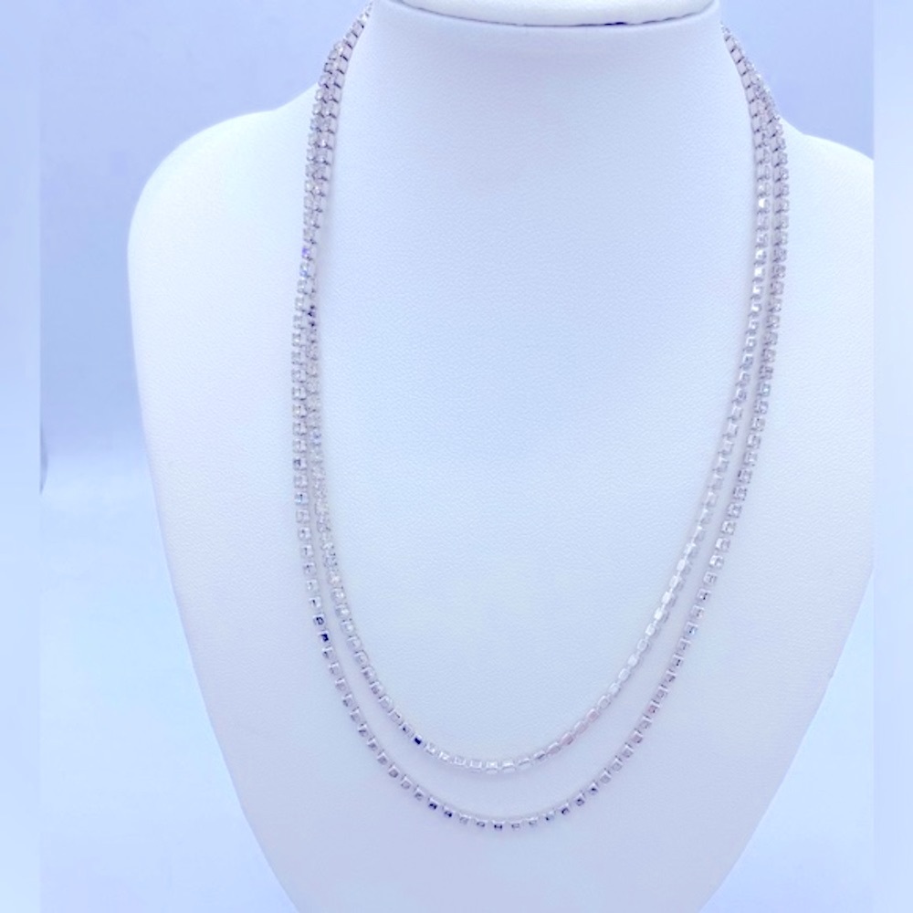 Vintage Les Bernard Dainty Silver Tone Tiny Rhinestones 30” Long Necklace